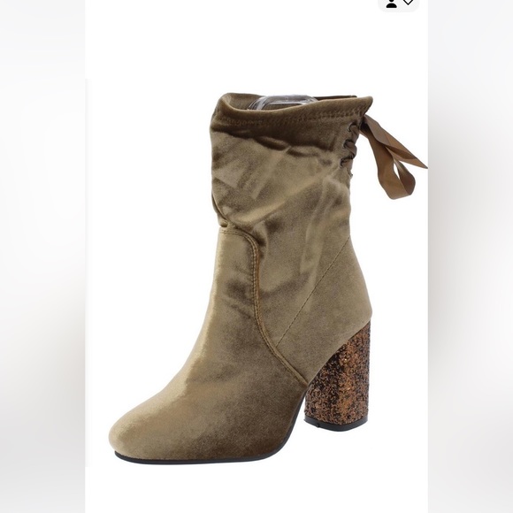 Chocolate Brown Two Tone Velvet Boot w/Studded chunky heel & Silk Bow tie back - Picture 3 of 10